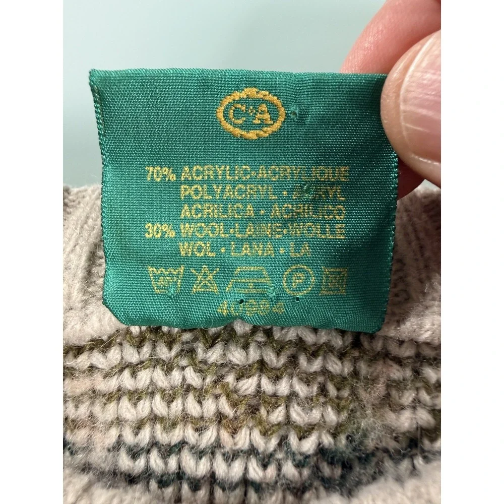 VTG Canda Fair Isle Knit Crew Neck Sweater Mens M Beige Geometric Pattern Preppy